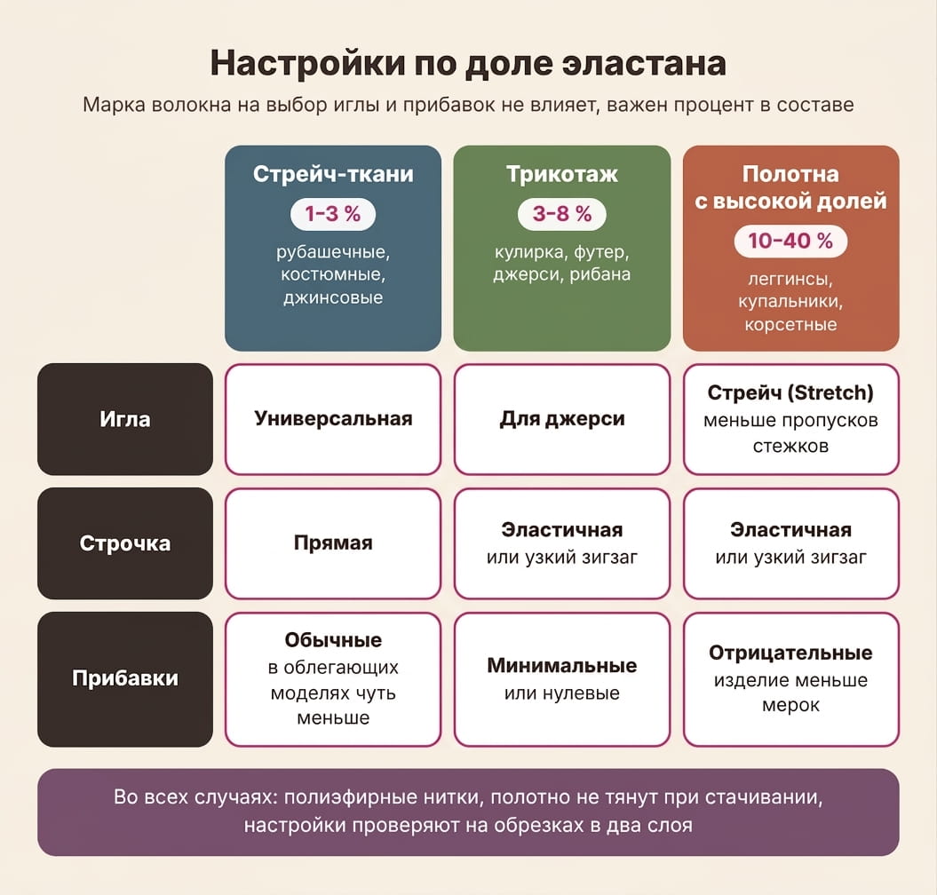 Игла, строчка и прибавки меняются вместе с долей эластана